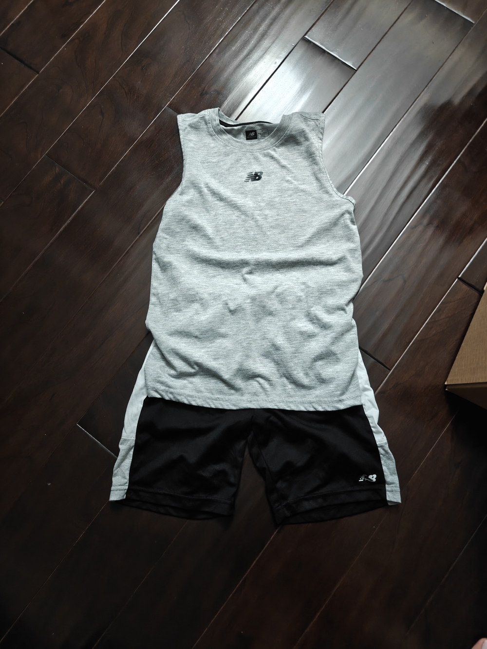 New Balance Gray Sleeveless Performance Tank with Black Athletic Shorts